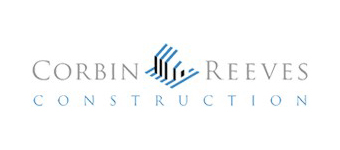 The logo has the text "CORBIN REEVES" in gray, "CONSTRUCTION" in blue below it, and a geometric design in blue and black between "CORBIN" and "REEVES."