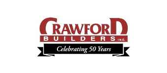 The logo displays the text "CRAWFORD" in bold red letters, with "BUILDERS INC." in white on a red banner below it, and "Celebrating 50 Years" in white on a black ribbon underneath.