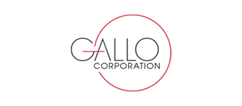 The logo for "Gallo Corporation" features the name in modern, black and red font, encircled by a thin red line.