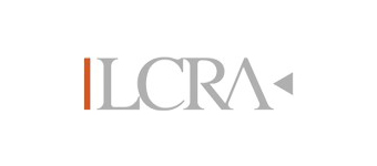 The logo for "LCRA" features a modern design with gray letters, a vertical orange line to the left, and a small gray triangle on the right.