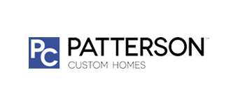 The logo for "Patterson Custom Homes" features a blue square with "PC" in white on the left and the text "PATTERSON" in black and "CUSTOM HOMES" in gray.