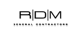 A black and white logo with "RDM" in bold, uppercase letters separated by vertical lines, and "General Contractors" written below in smaller text.