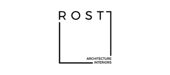 The logo features "ROST" in black letters at the top, with an open square outline below and "ARCHITECTURE INTERIORS" in the bottom right corner.