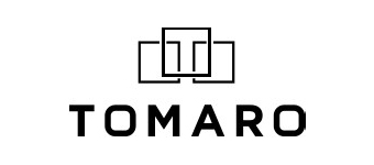 The logo features the word "TOMARO" in bold black letters below a stylized design of interlocking rectangles and the letter "T" inside.