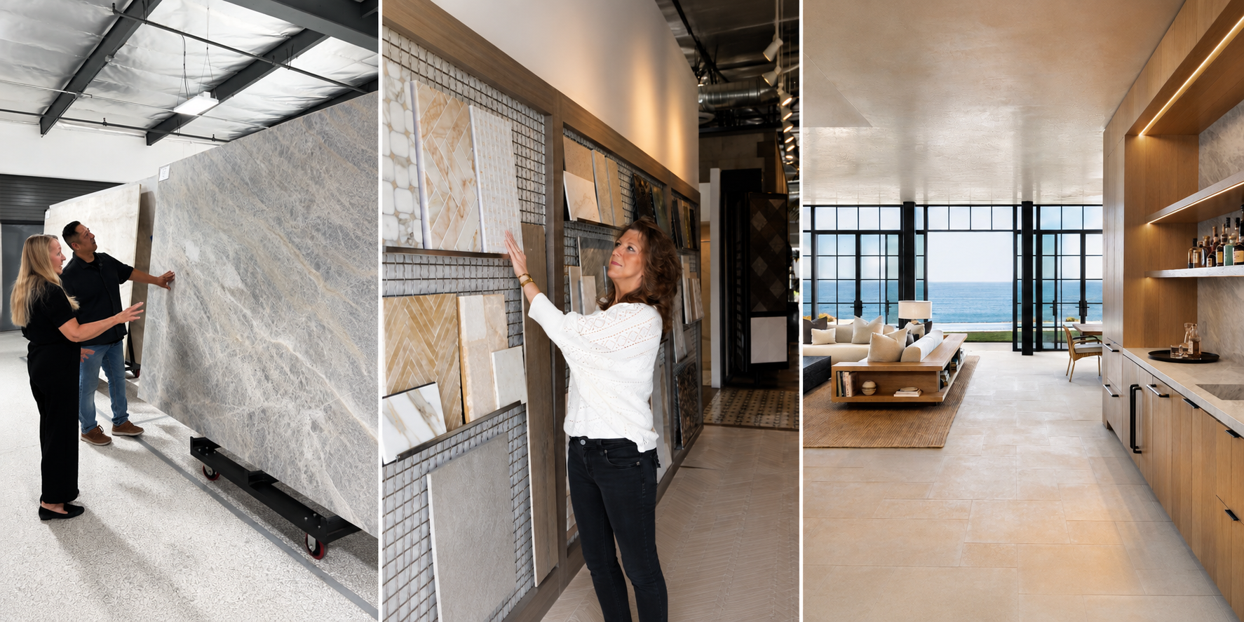 Composite image featuring an Epic Ceramic & Stone luxury installation, the Famosa Tile showroom, and The Slab Studio warehouse, representing three independently operated Orange County stone and tile businesses.