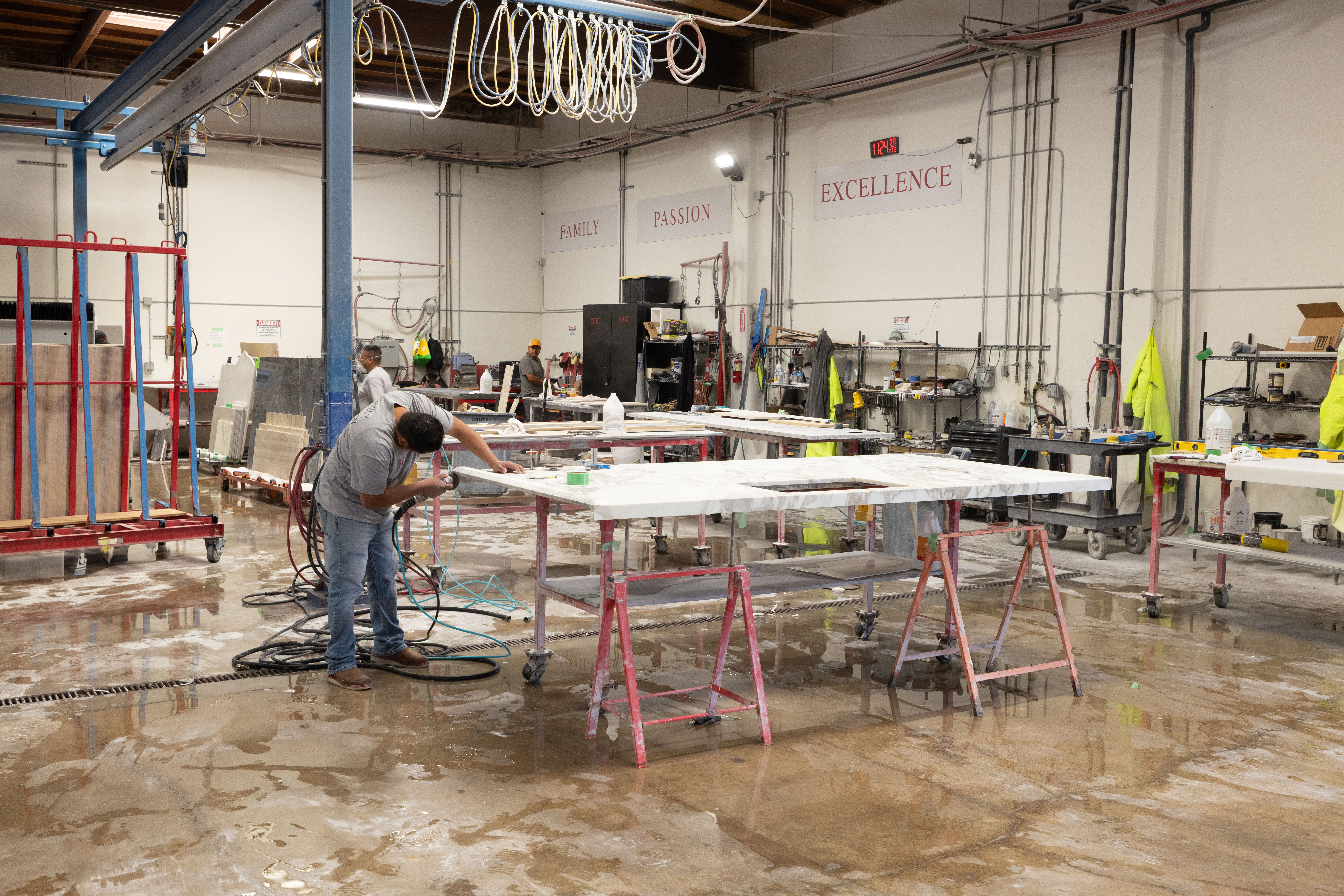 Custom stone fabrication process at Epic Ceramic & Stone in Orange County