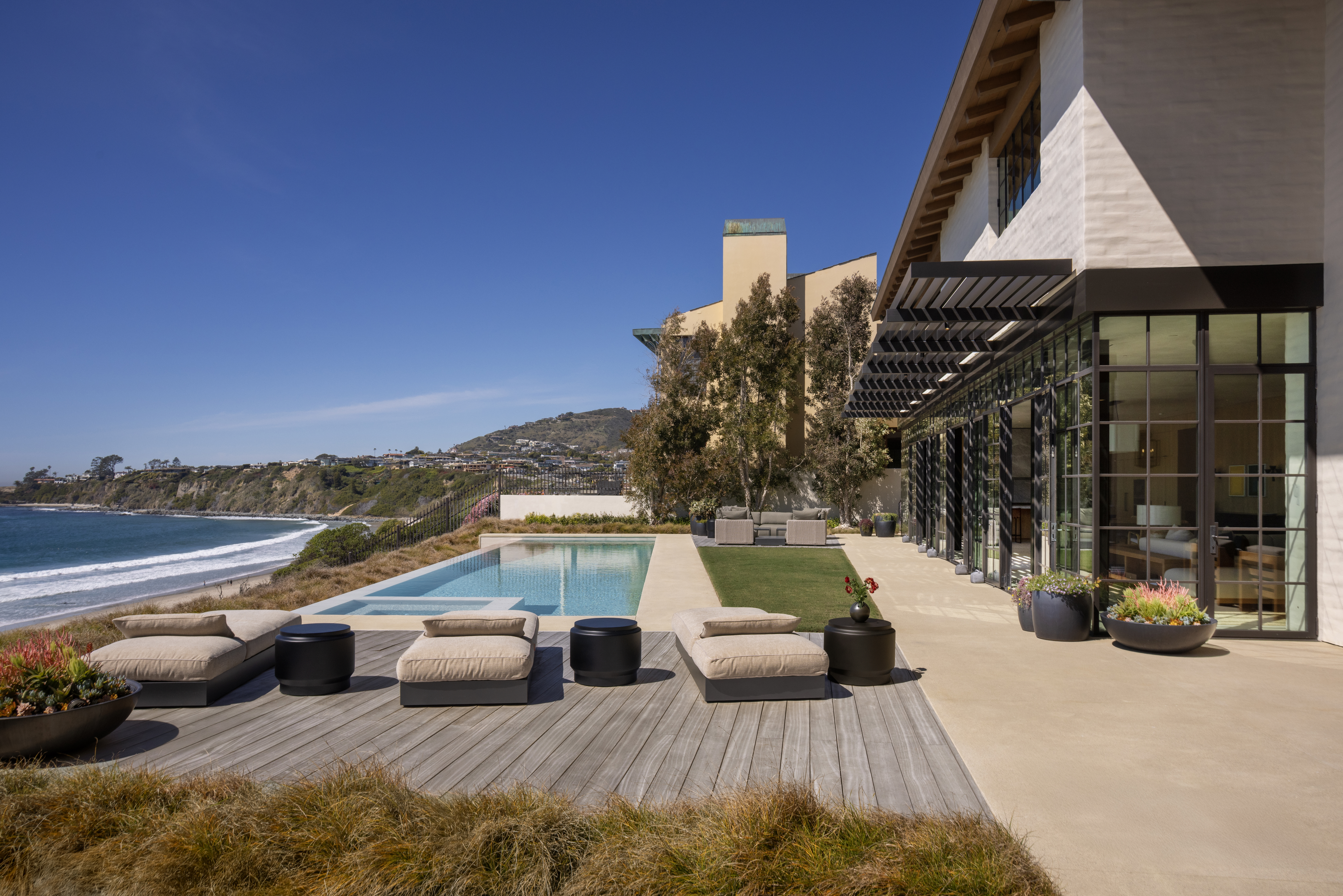 Warm-toned pool deck stone at Southern California home