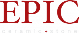 This image shows the EPIC logo with the word "EPIC" in bold red letters and "ceramic + stone" in smaller grey letters below.