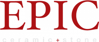 This image shows the EPIC logo with the word "EPIC" in bold red letters and "ceramic + stone" in smaller grey letters below.